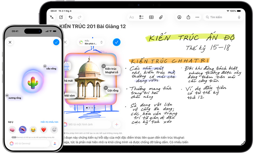 iPhone and iPad showing Genmoji creating a rainbow cactus, and Image Wand turning a sketch into a Mughal pavilion.