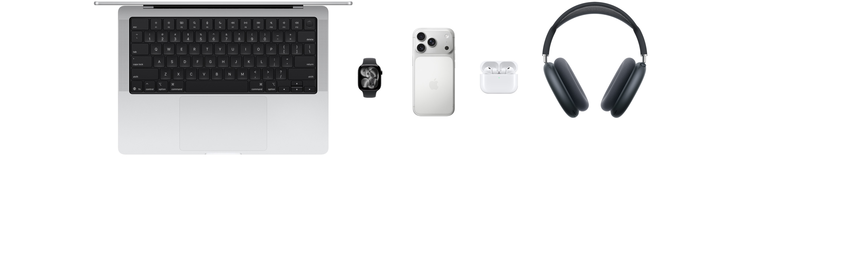 Various Apple products, including a MacBook, an Apple Watch Series 11, an iPhone 17 Pro, AirPods Pro 3, AirPods Max, Apple Vision Pro, an Apple Pencil Pro, and an iPad Pro