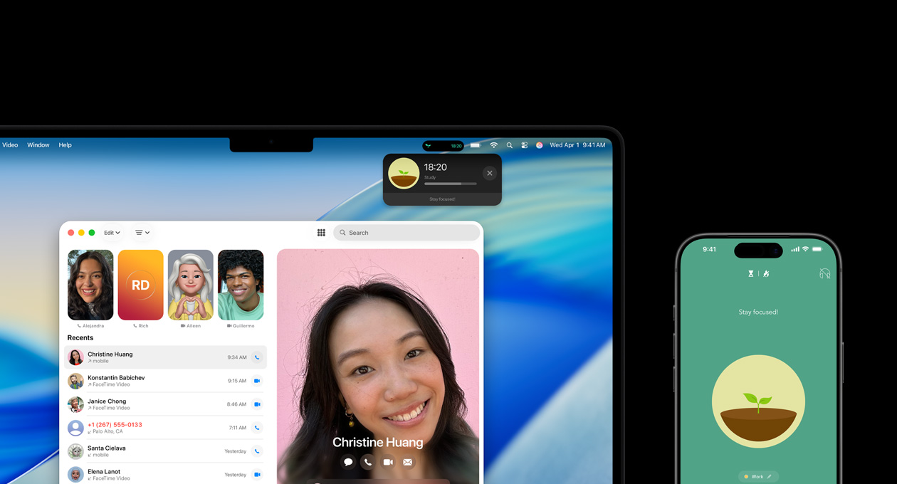 MacBook Pro và iPhone đặt cạnh nhau, màn hình MacBook Pro hiển thị ứng dụng Điện Thoại và Hoạt Động Trực Tiếp từ ứng dụng Forest, iPhone hiển thị ứng dụng Forest