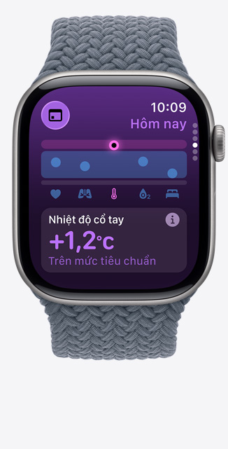 Apple Watch Series 11, aluminum case, space gray color, Vitals app, chart scoring health, wrist temperature above baseline notification, right side, Digital Crown, anchor blue Braided Solo Loop
